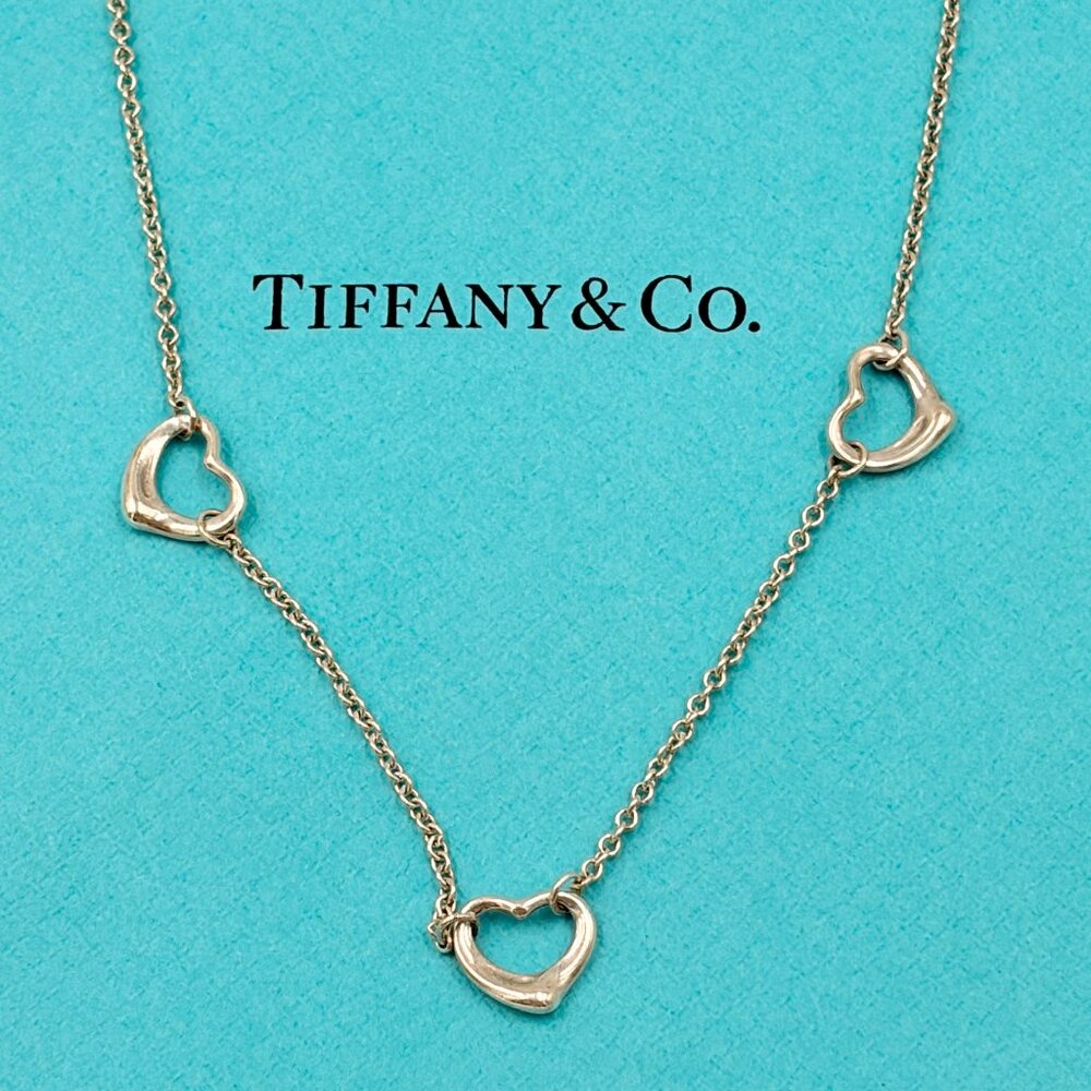 Authentic Tiffany & Co 925 Silver Elsa Peretti Triple Open Heart Necklace